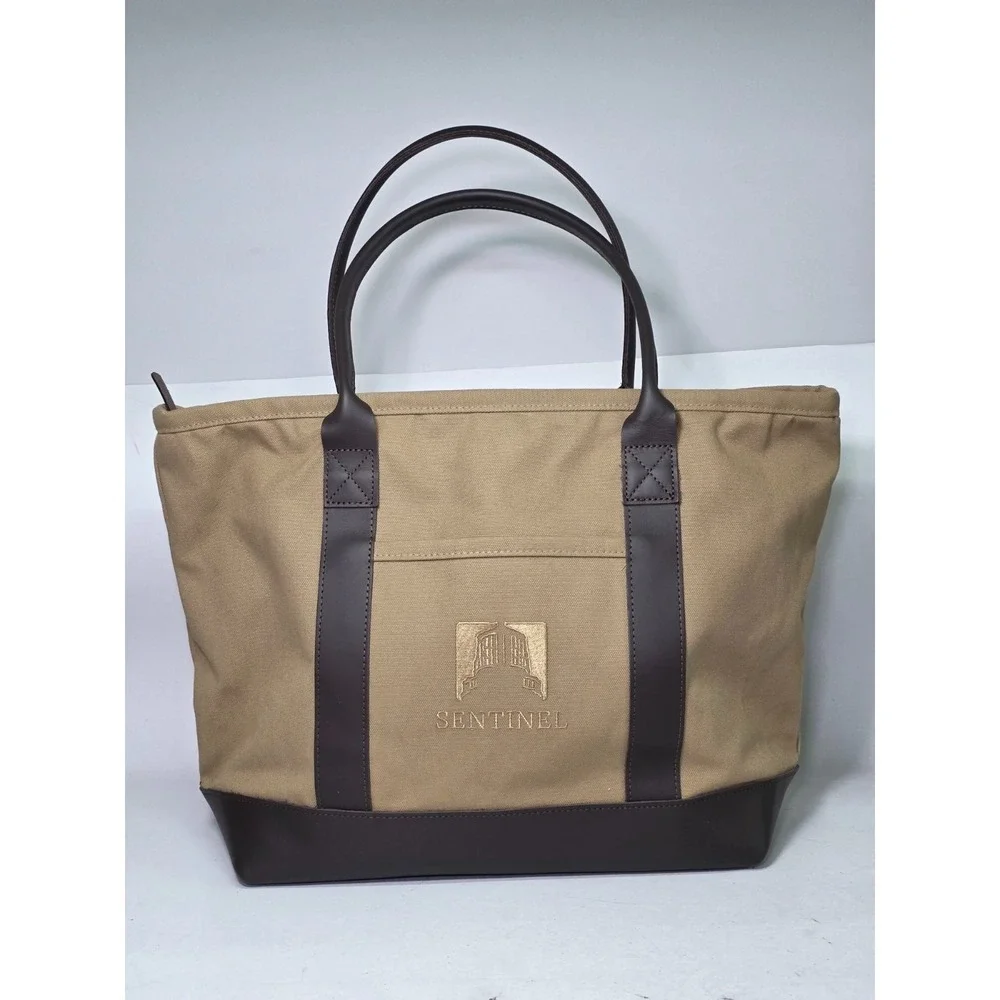 Cross Canvas Company Zippered Tote Beige Canvas Brown Leather Large Bag USA Made